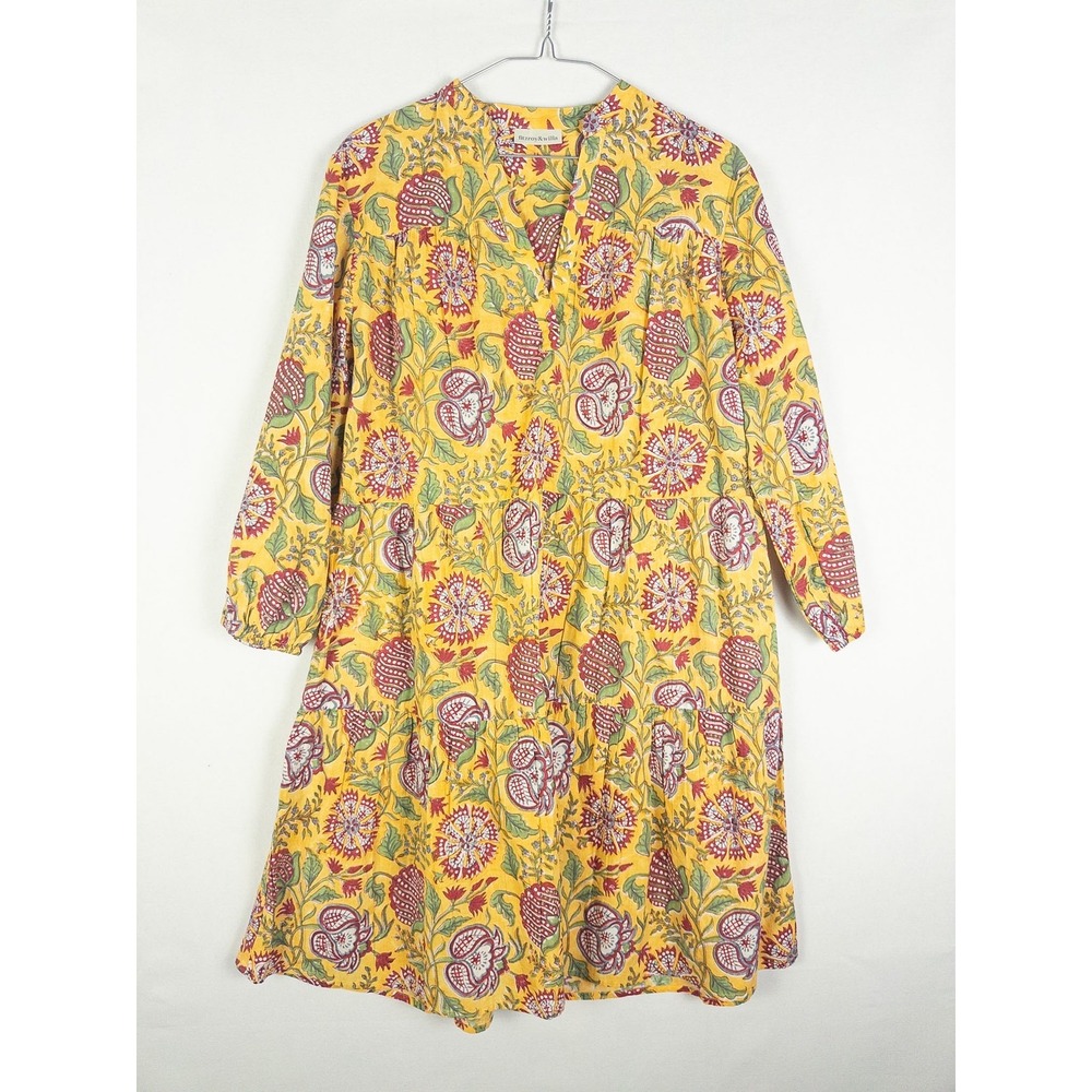 Fitzroy & Willa Tiered Mini Dress Womens M Yellow Floral Block Print Boho Festiv